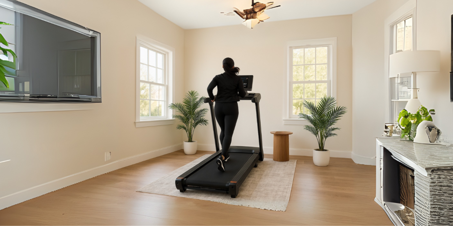Person running on a LifeSmart treadmill in a living room at home with decor elements.