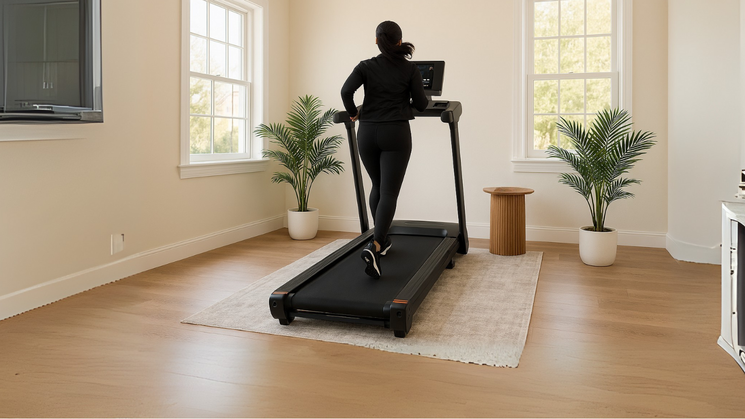 Person using a treadmill in a home setting with plants and a television.