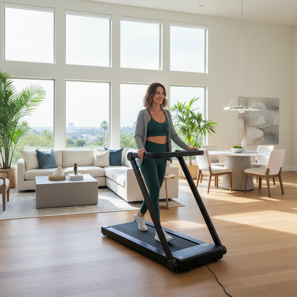 Woman walking on a TM2202 LifeSmart brand treadmill in a modern living room with large windows.
