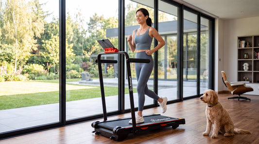 Lifesmart TM2305 treadmill 2-in-1, middle aged woman with dog running at home