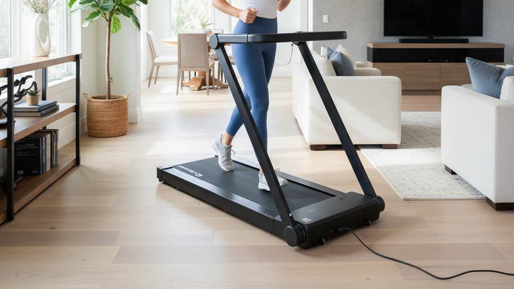Woman using a folding LifeSmart TM2202 treadmill in a modern living room.