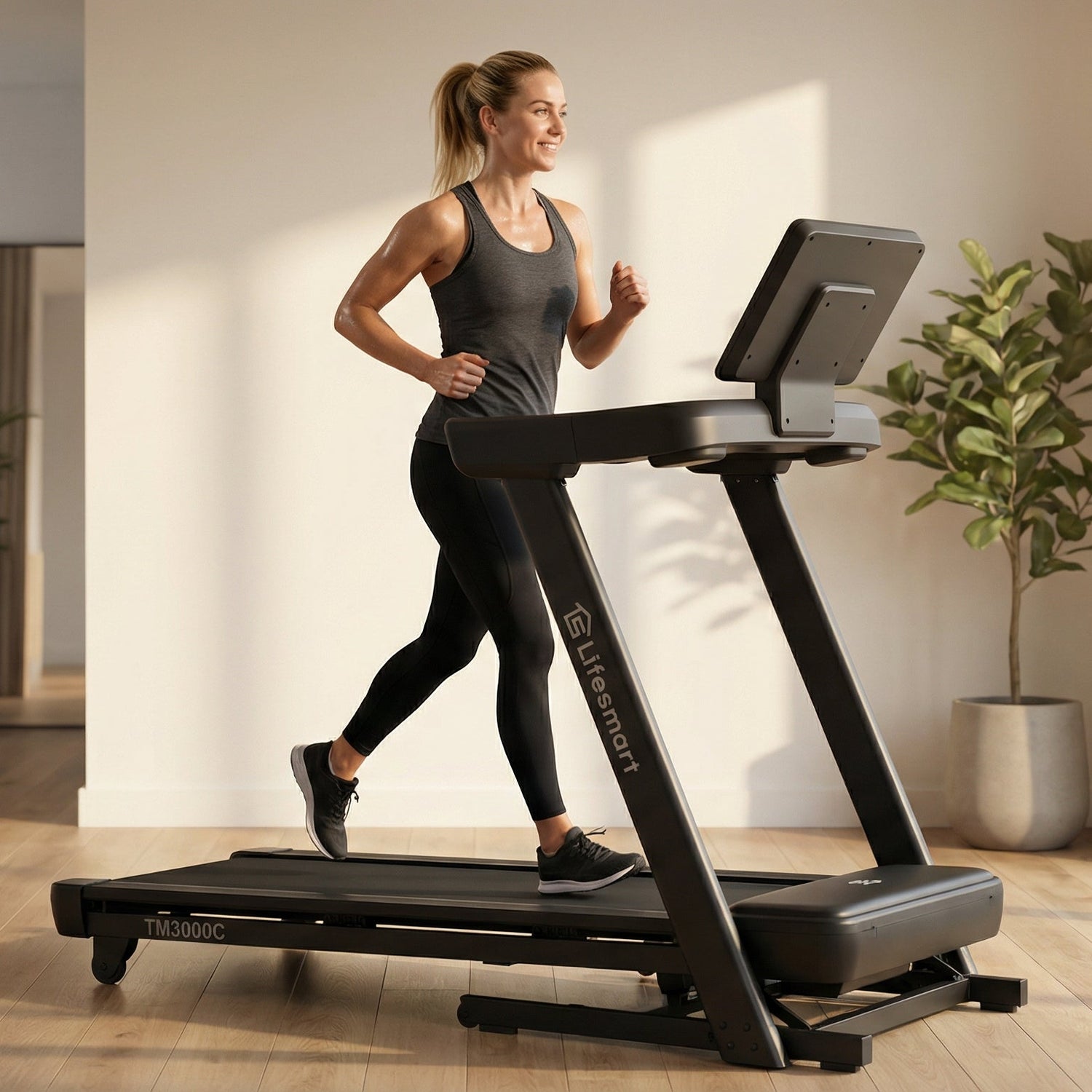 Woman running on a treadmill at her home