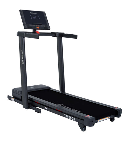 A black Lifesmart TM2500 PowerTouch Treadmill with a digital display, on a white background.
