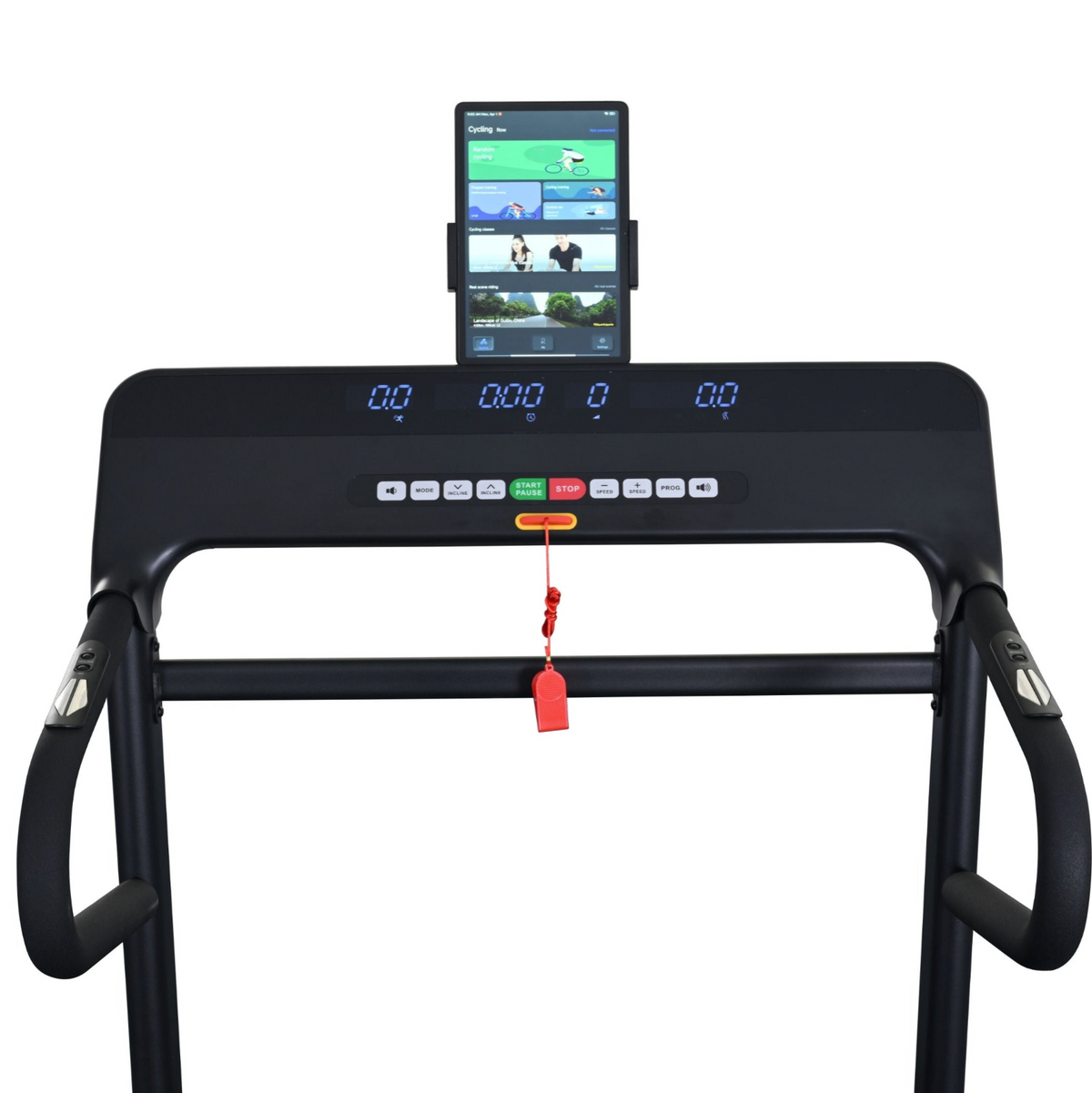 Black LifeSmart TM2303 treadmill with a digital display screen, control buttons, a built-in smartphone holder showing a fitness app, and a red safety whistle hanging from the center bar, isolated on a white background.