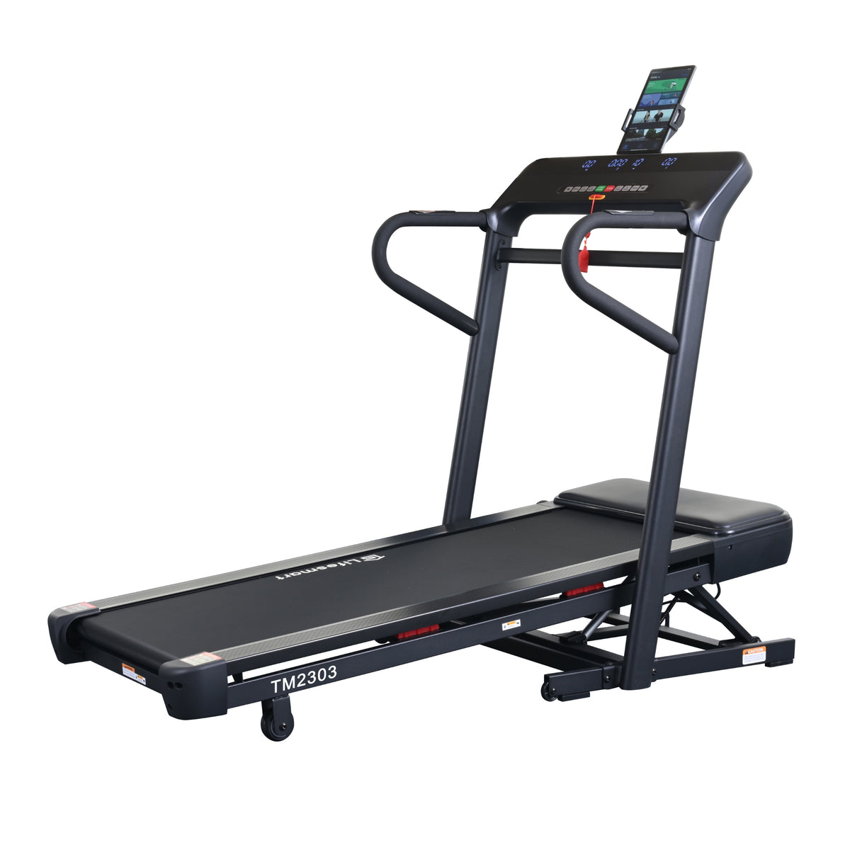 A black and dark gray LifeSmart TM2303 folding treadmill with an integrated digital display screen on the handle frame, shown from a three-quarter angle against a solid white background.