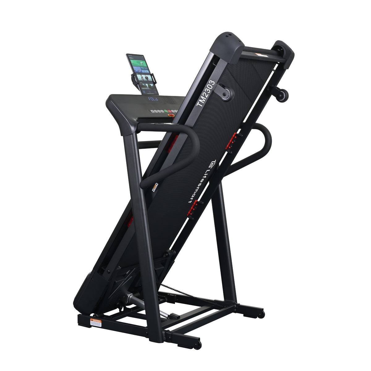Black LifeSmart TM2303 PowerTouch Treadmill on a white background folded vertically to save space