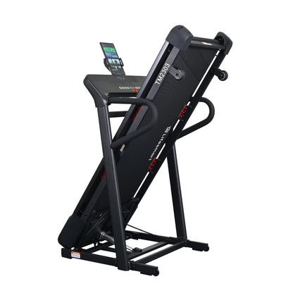 Black LifeSmart TM2303 PowerTouch Treadmill on a white background folded vertically to save space