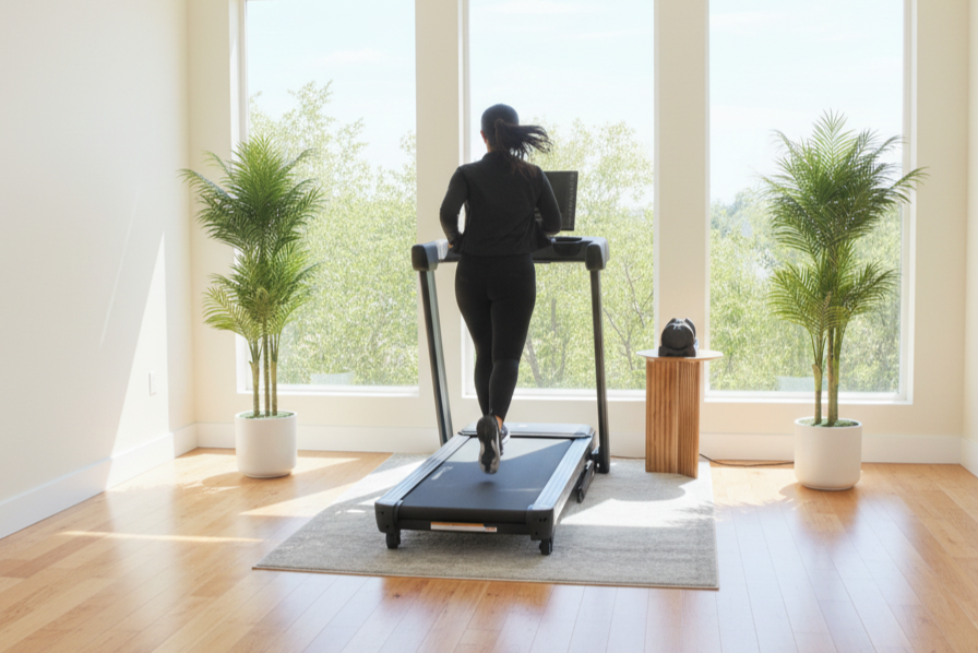 Healthy woman jogging on LifeSmart TM4000 treadmill in a beautiful home with white walls and greenery around her