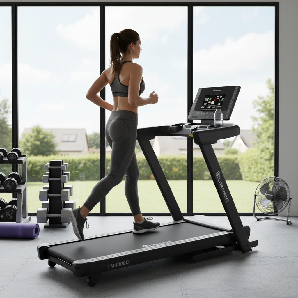 Woman running on a LifeSmart TM400C treadmill in a home gym setting