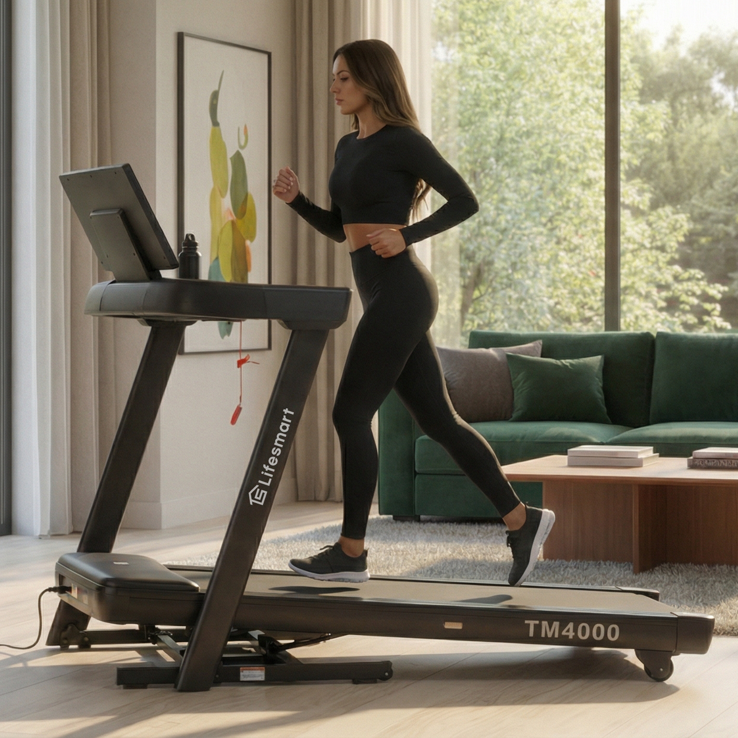 healthy and beautiful Woman running on a LifeSmart treadmill to lose weight in a modern living room with large windows.