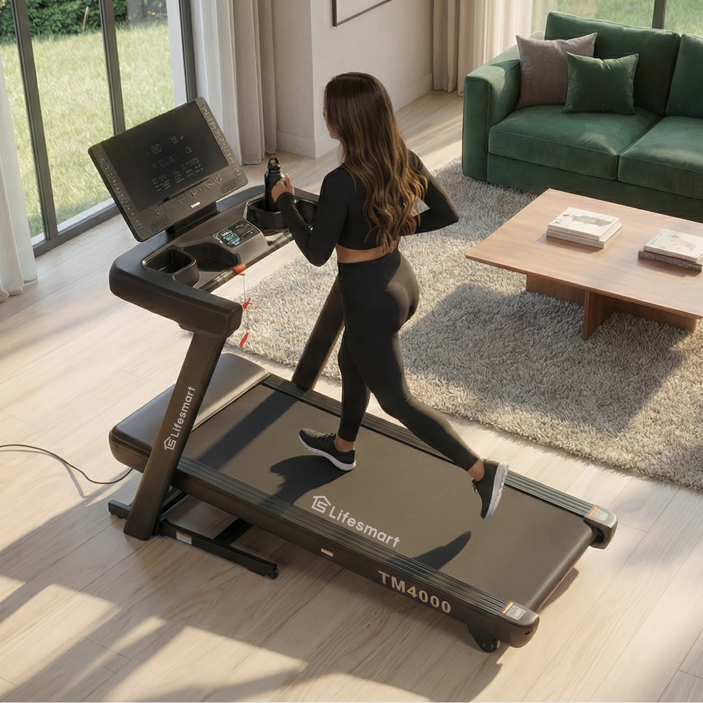 Fit Woman exercising on a LifeSmart TM4000 treadmill to lose weight easy in a modern living room