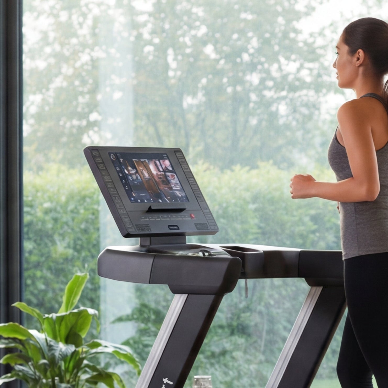 Woman running on a Lifesmart TM5000 treadmill in a modern home setting with large windows.